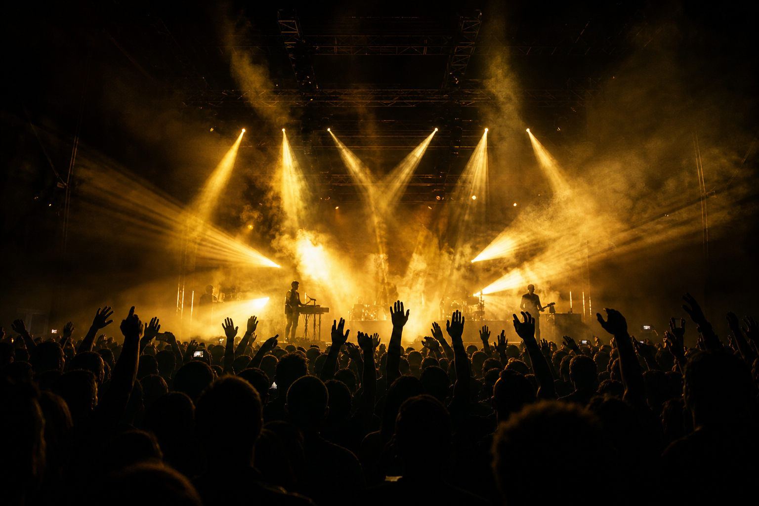 Live-Konzert mit goldenen Scheinwerfern und begeistertem Publikum